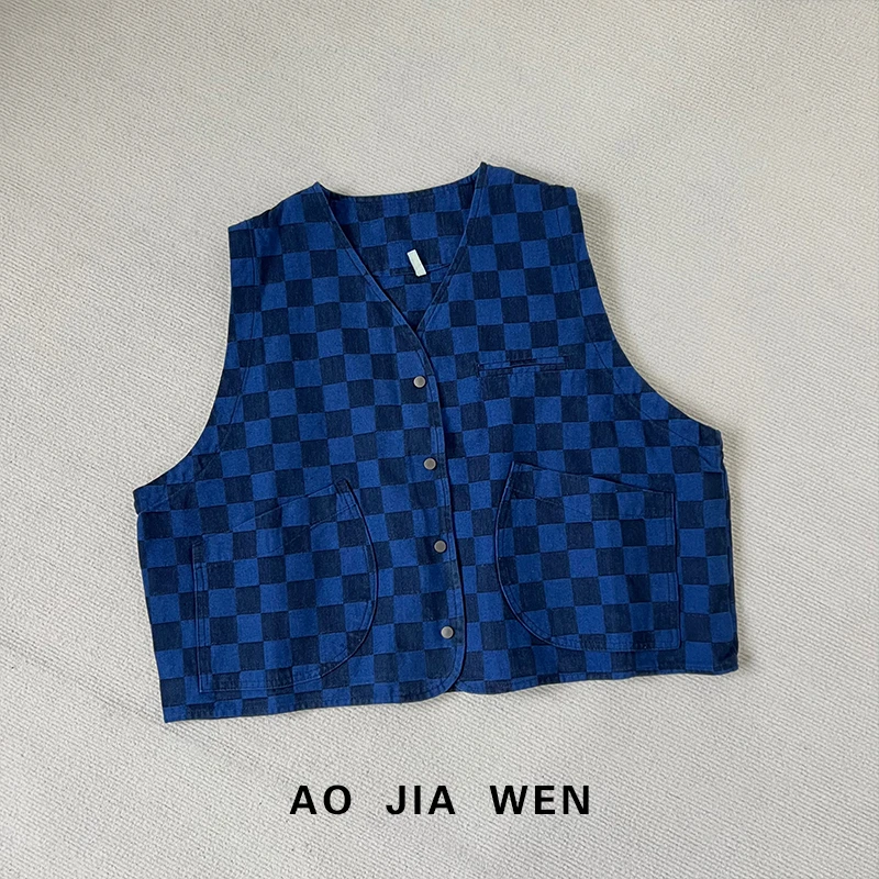 【佳文定制】592839棋盘格牛仔马甲上衣