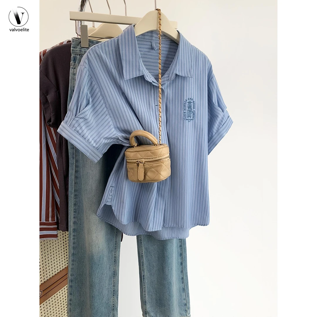 VALVOELITE条纹正肩短袖衬衫女夏新款衬衣学院风法式刺绣宽松上衣