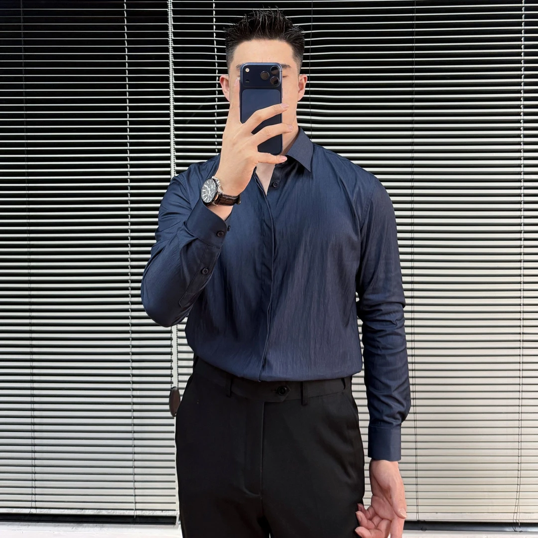 自带褶皱感暗扣休闲衬衫男士痞帅修身长袖衬衣男内搭衬衫秋季男装