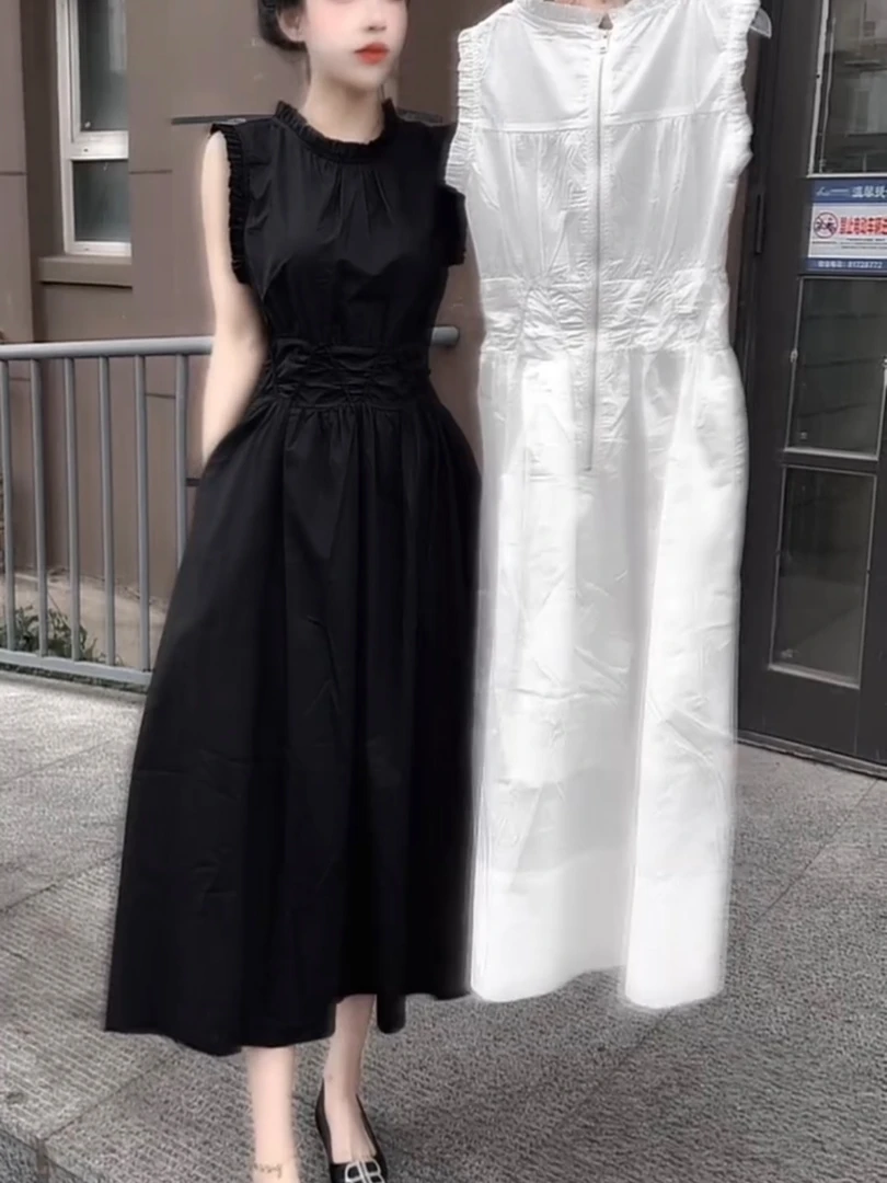 夏季新款时尚花边连衣裙无袖圆领洋气减龄宽松收腰显瘦薄款长裙