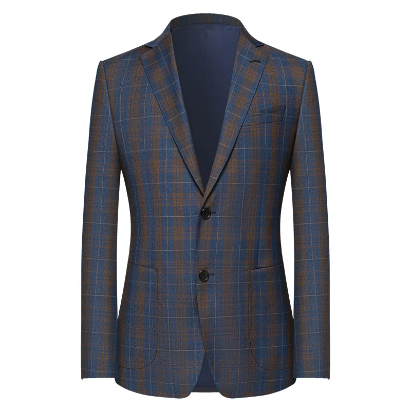 【半麻衬50羊毛平驳领单排扣蓝格子西装】本派修身西服套装外套