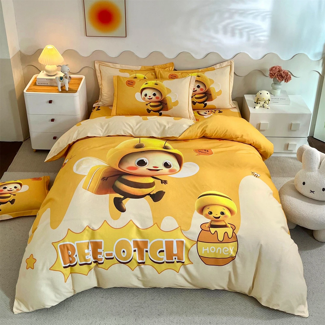 新品数码印花纯棉四件套萌萌哒 黄