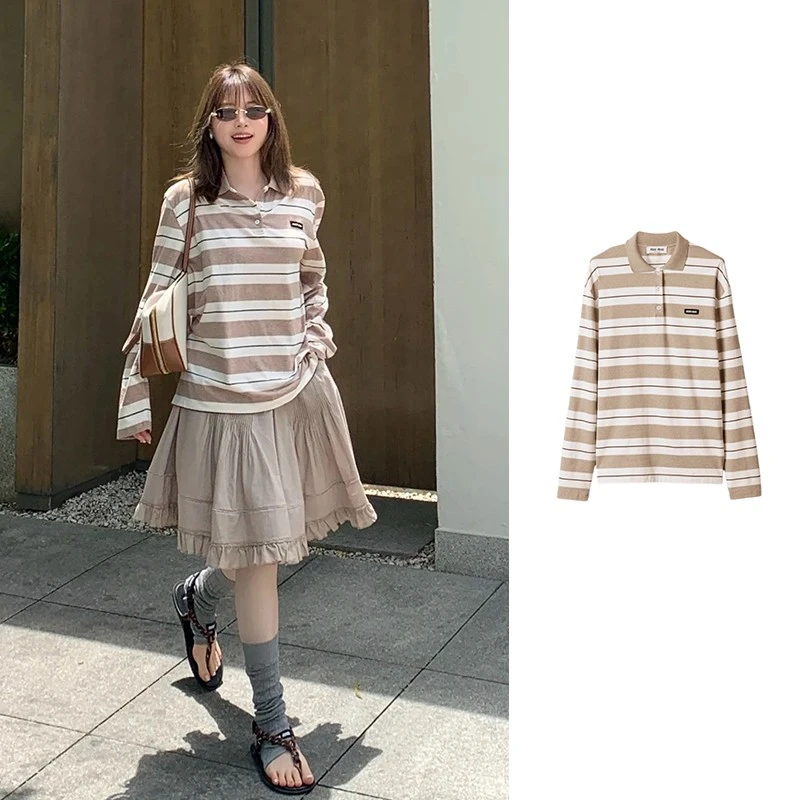 未使用 MIU MIU/缪缪 条纹徽标长袖POLO衫 MJL015-14RT-F032R