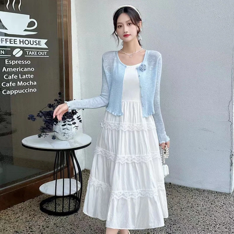 早春秋新款温柔风白色长款蕾丝拼接吊带连衣裙针织外套两件套套装