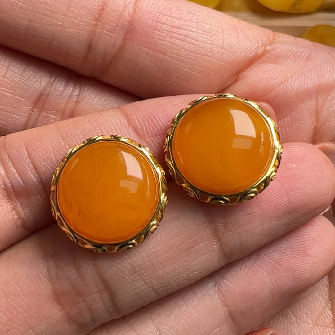 蜜蜡耳饰银S925镀金镶嵌