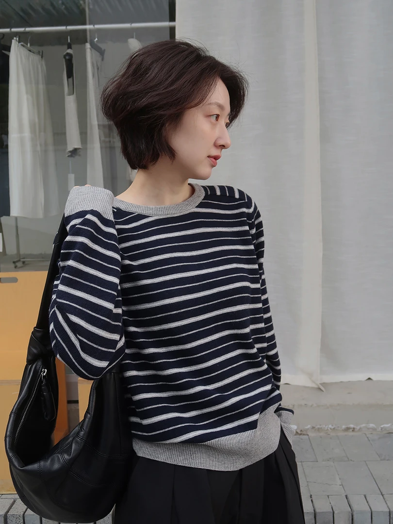 【素简】不规则条纹休闲针织衫女 早春羊毛宽松长袖毛衣上衣 00276