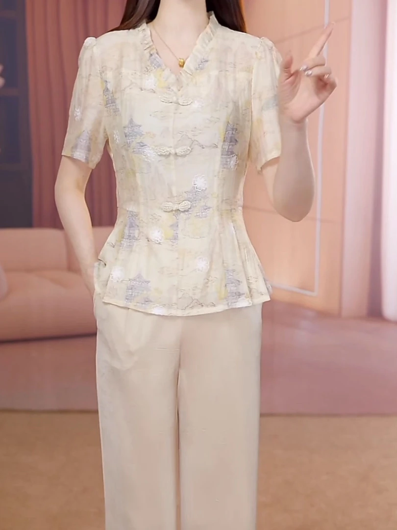 高级莱赛尔天丝国风盘扣洋气俩件套2025夏季新款中老年修身套装女