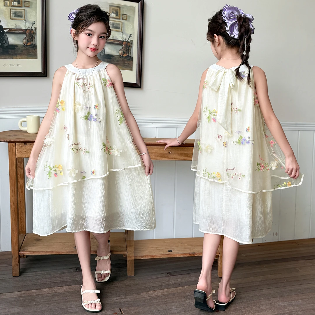 女童夏装连衣裙2025新款洋气薄款女孩夏季刺绣挂脖吊带裙无袖裙子