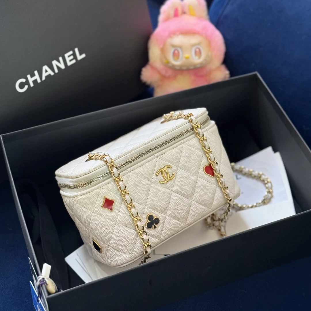 99新 Chanel/香奈儿 白金荔枝纹扑克系列长化妆盒单肩包