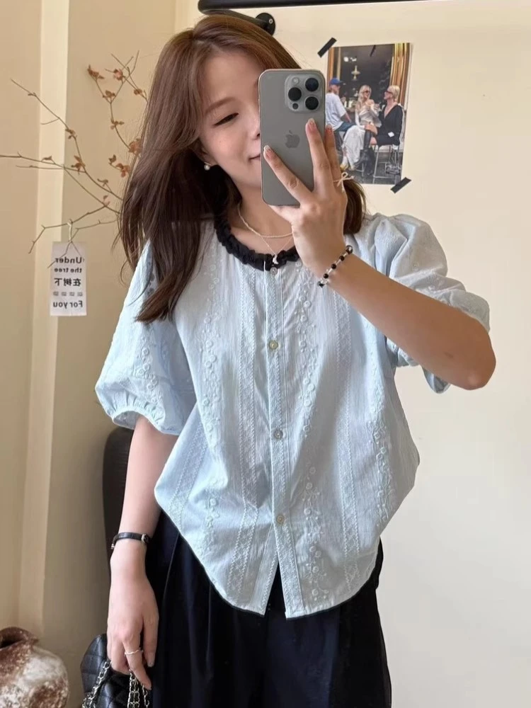 韩系重工钩花刺绣被扣短袖衬衫女夏季新款拼色领洋气减龄宽松上衣