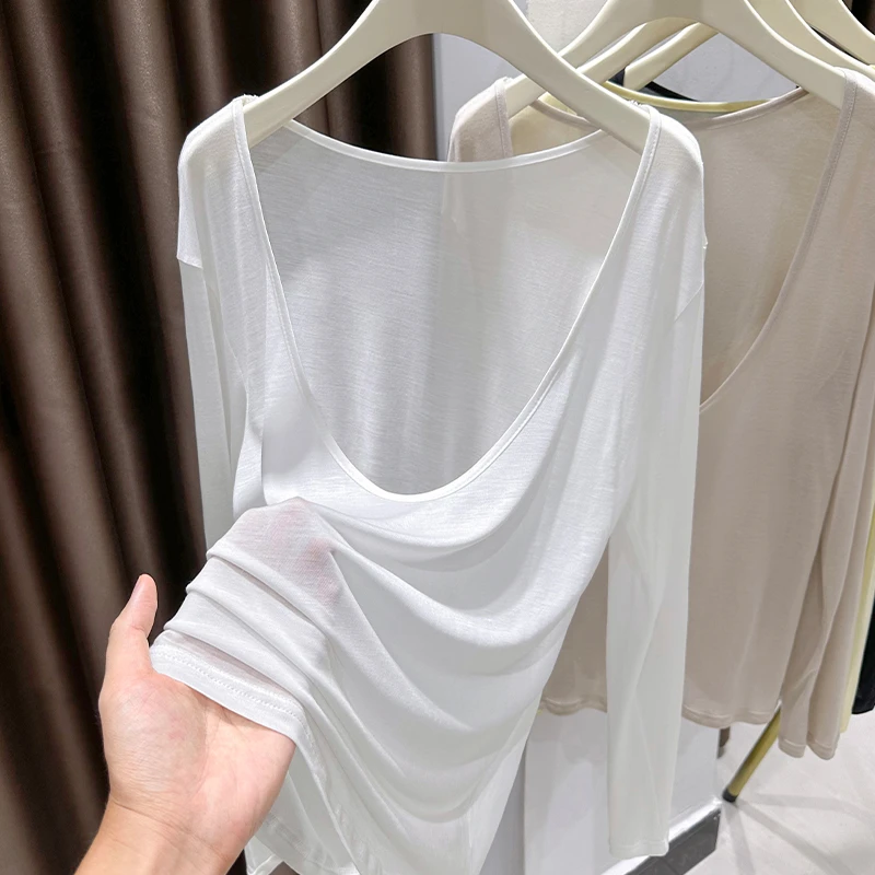 白色大领口透薄款冰丝防晒罩衫女夏季针织深u领宽松前后两穿上衣