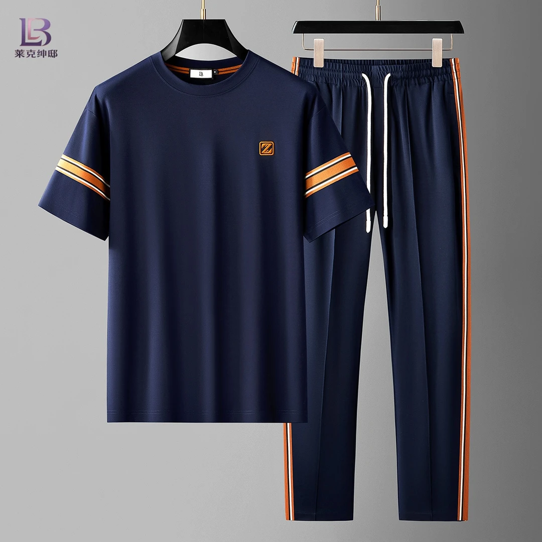 夏季时尚潮流拼接冰丝宽松微阔短袖两件套男士t恤休闲运动套装男