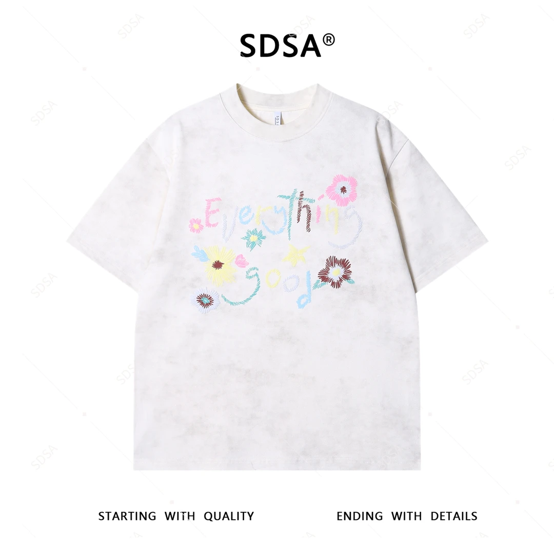 夏季高级感新款男士韩系满天星彩色字母花朵印花短袖T恤时尚百搭