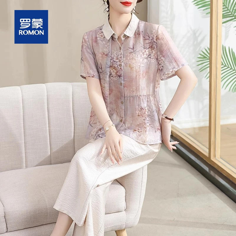罗蒙妈妈夏装新款短袖T恤雪纺衬衫上衣洋气中老年女装夏季套装