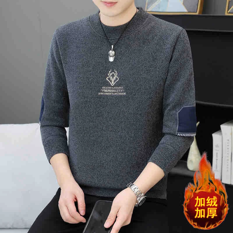 冬季新款加绒加厚保暖鹿头刺绣毛衣男士内搭潮流时尚休闲