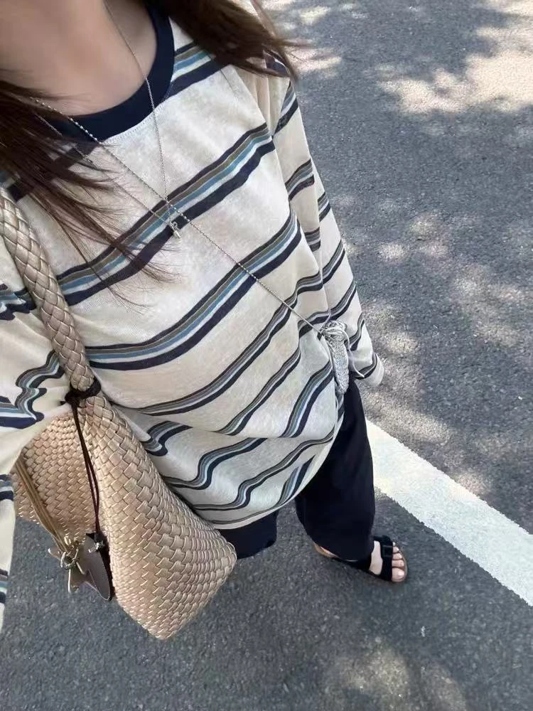 七言家巨好看！ins穿搭#早秋火爆复古蓝条显瘦长袖