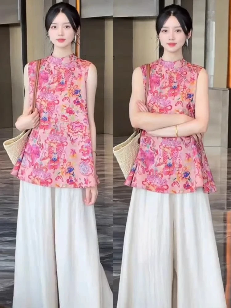 新中式国风套装女夏季新款高级感时尚气质无袖上衣阔腿裤两件套