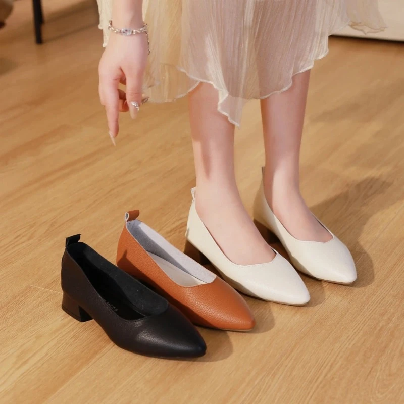2025春季新款时尚浅口舒适软底软面百搭小单鞋中跟尖头平底鞋鞋子