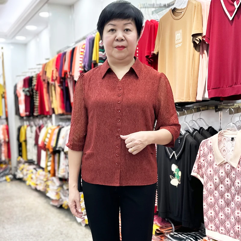 气质翻领妈妈装短袖衬衫夏季中老年女装高档T恤小衫婆婆上衣衣服