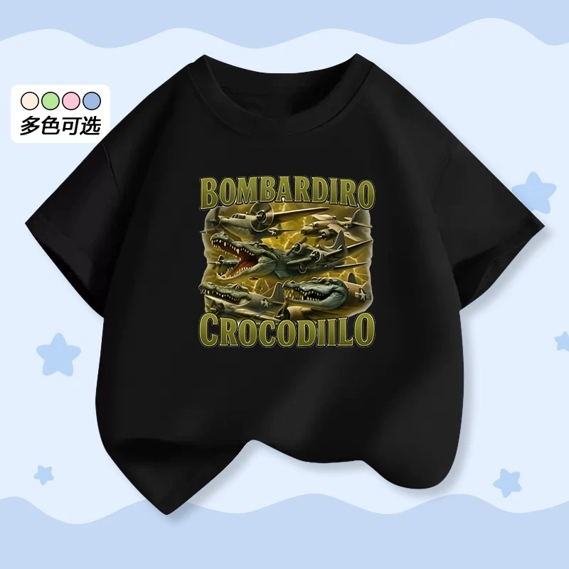 国外山海经童装通通通木棍人鳄鱼战斗机男童儿童中大童短袖T恤衫