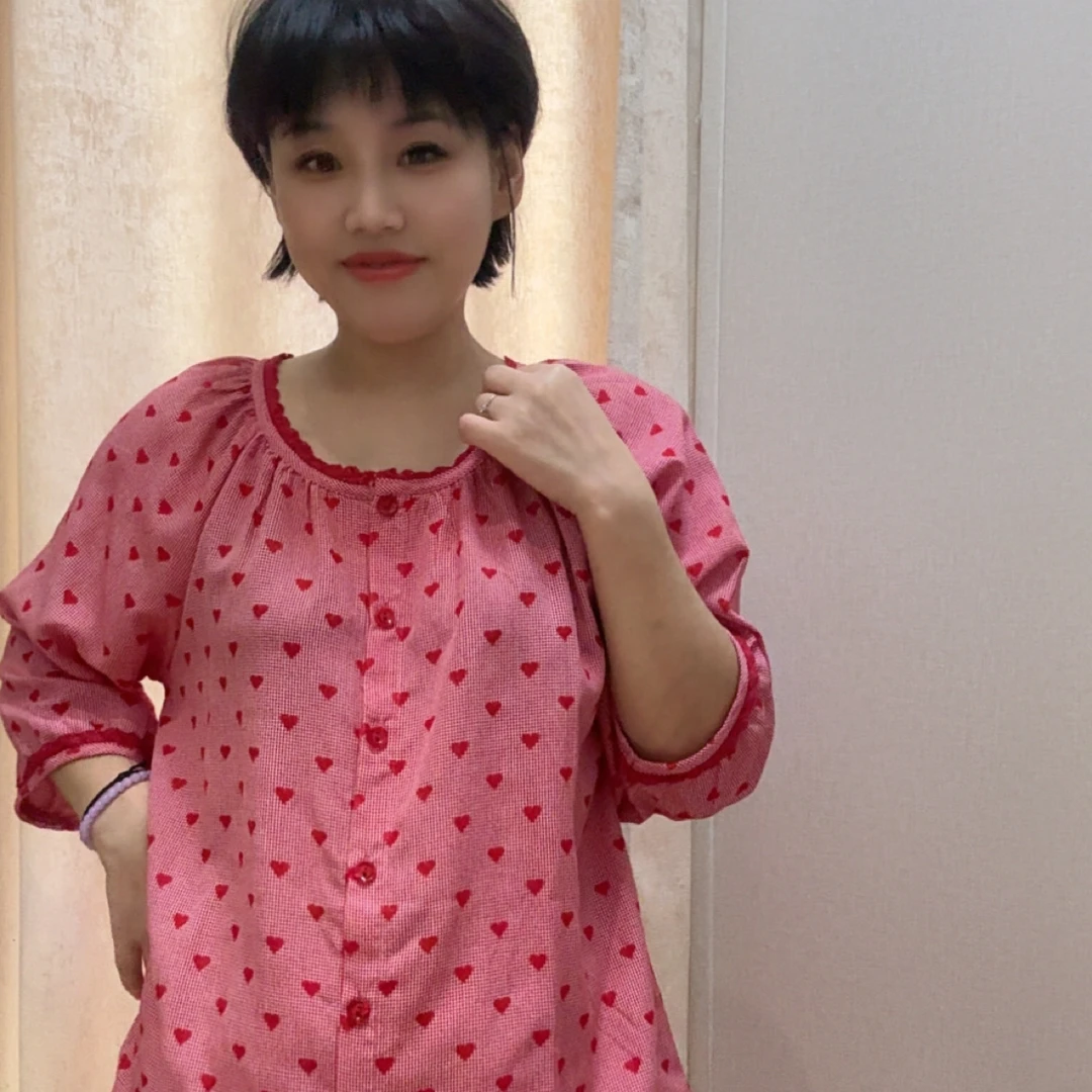 麦可将春秋新款女士七分袖七分裤梭织棉圆领优雅韩版可爱睡衣4456