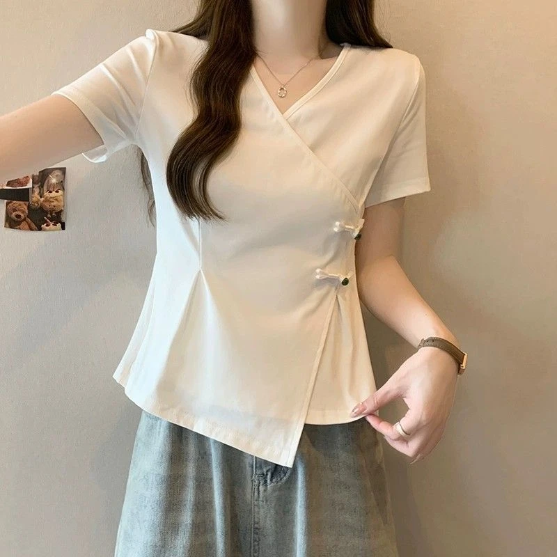 纯色遮肚子不规则盘扣正肩短袖T恤女夏季轻奢显瘦开叉别致上衣