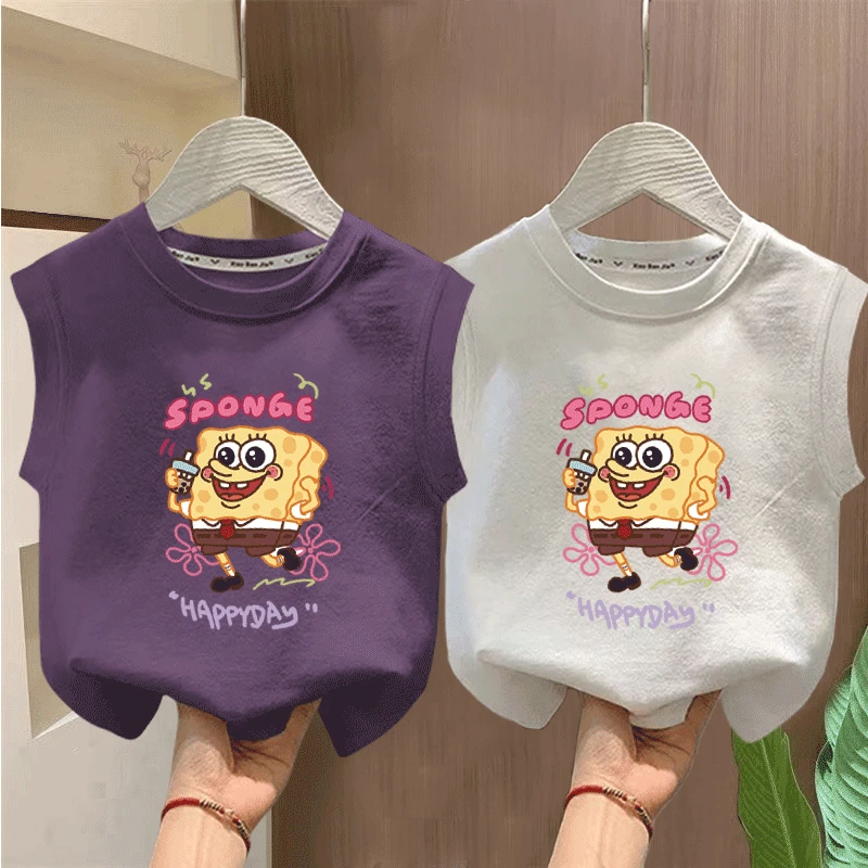 夏季新款中小童韩系ins风百搭T恤男女宝宝卡通海绵宝宝纯棉背心衫