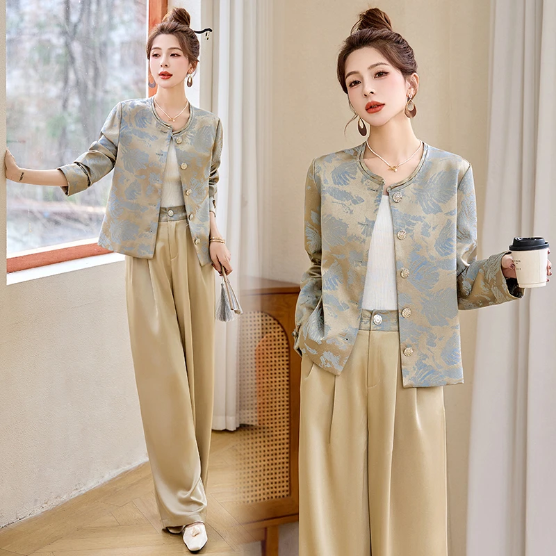 新中式提花两件套国风复古气质高级感休闲阔腿裤套装小香风春秋