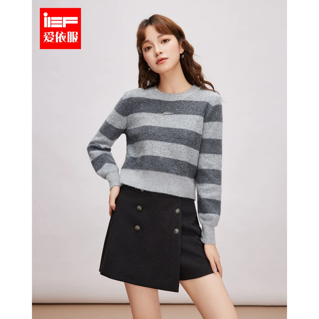 IEF/爱依服2025冬春新款韩版时尚条纹撞色设计通勤百搭毛织上衣