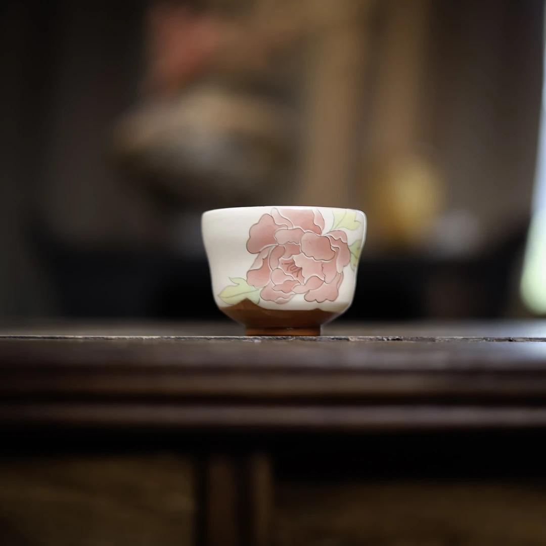 【小田甄陶】粉引牡丹杯（Q7379）