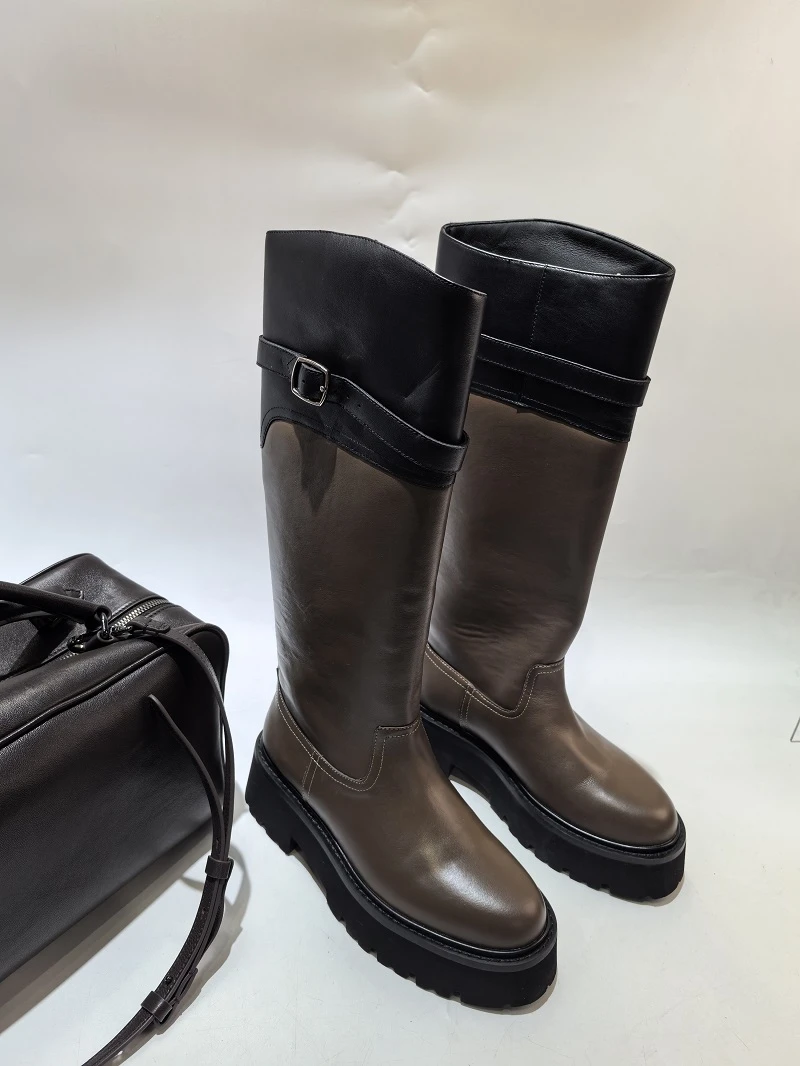 惟蔻*朗尼黑巧骑士靴头层牛皮拼色长筒靴WK557&53