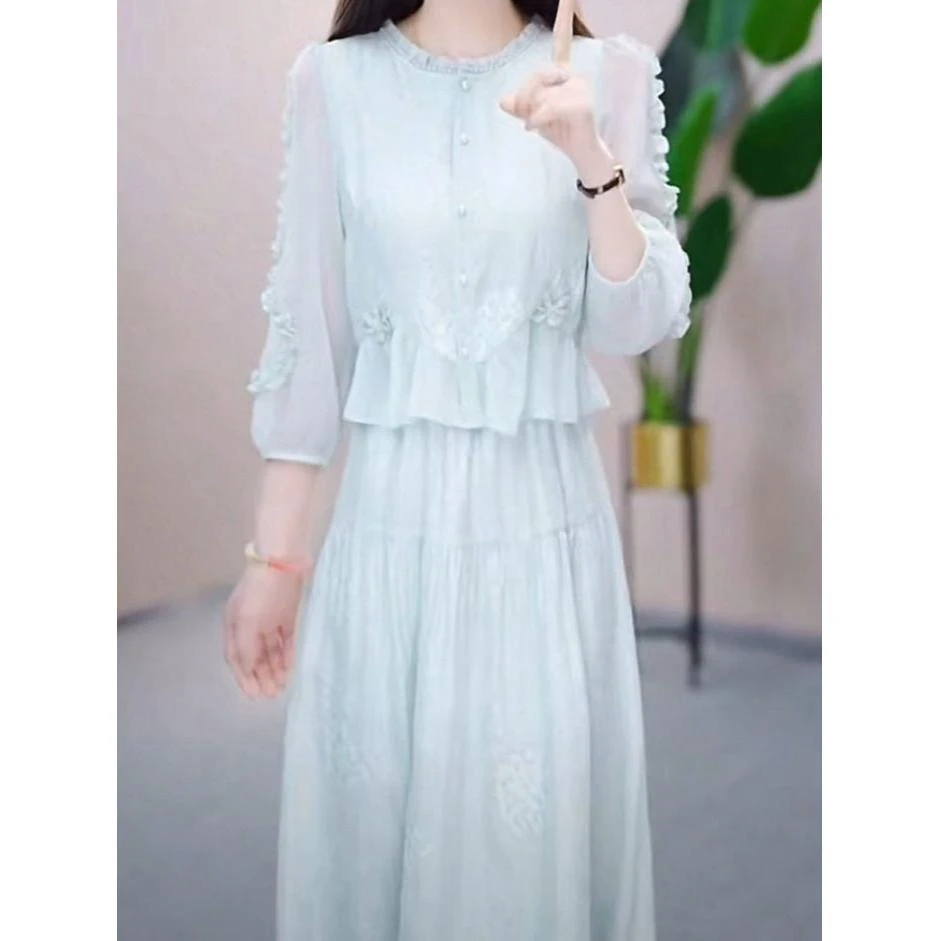 琉璃丝连衣裙2025春夏新款女装时尚气质减龄显瘦刺绣假两件套裙子