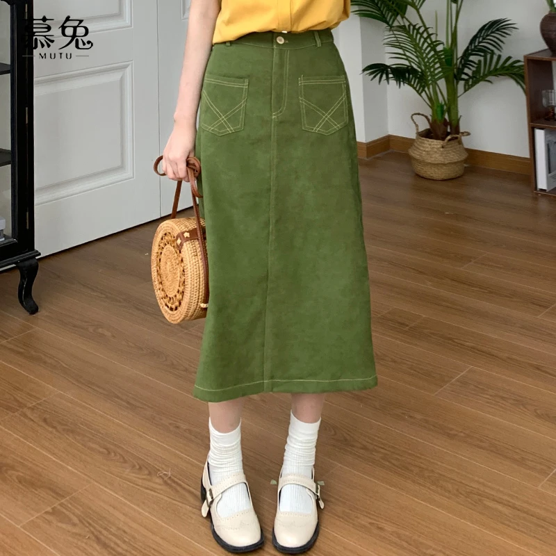 【正】慕兔复古港风绿色半身裙女2024夏季小个子高腰气质a字中长裙