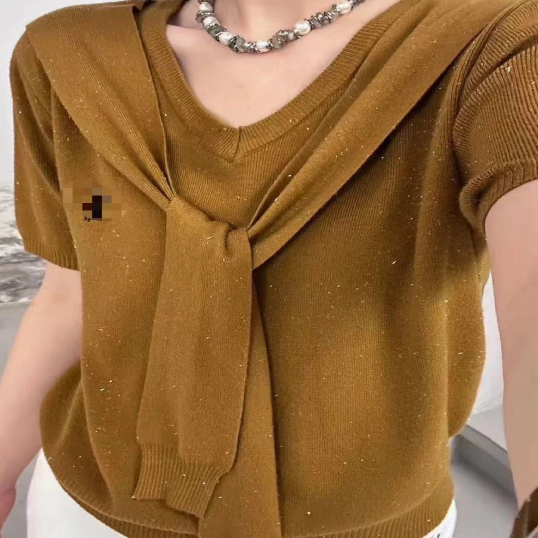 宜美多家 十三行金线细闪中袖假两件披肩V领时尚上衣8303