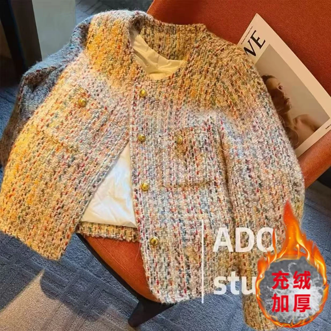 【现货+运费险】充绒内胆彩虹糖粗花呢法式编织轻奢小香风外套YN663