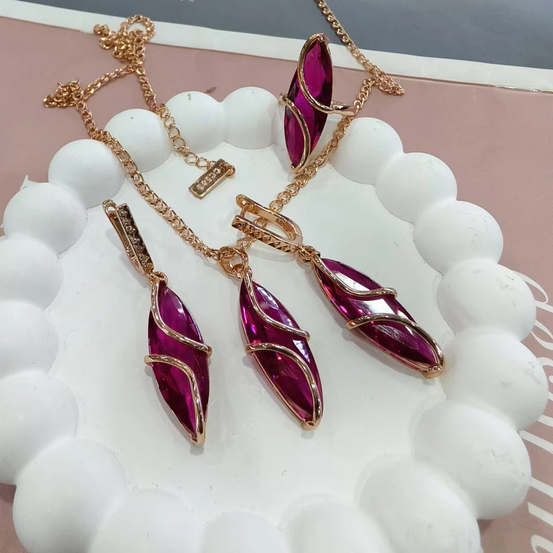 铜合金项链 铜合金合成仿水晶 水滴红色项链耳环戒指三件套首饰品