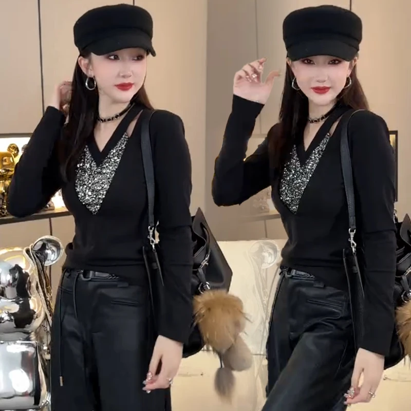 新款修身型小衫女冬季通勤款长袖重工T恤韩版收腰小香风V领打底衫