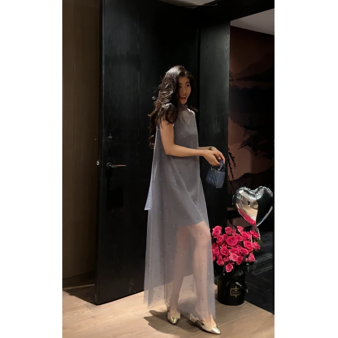 N.COU妮蔻25夏新款老钱风法式朦胧感烫钻网纱透视连衣裙女DY60957