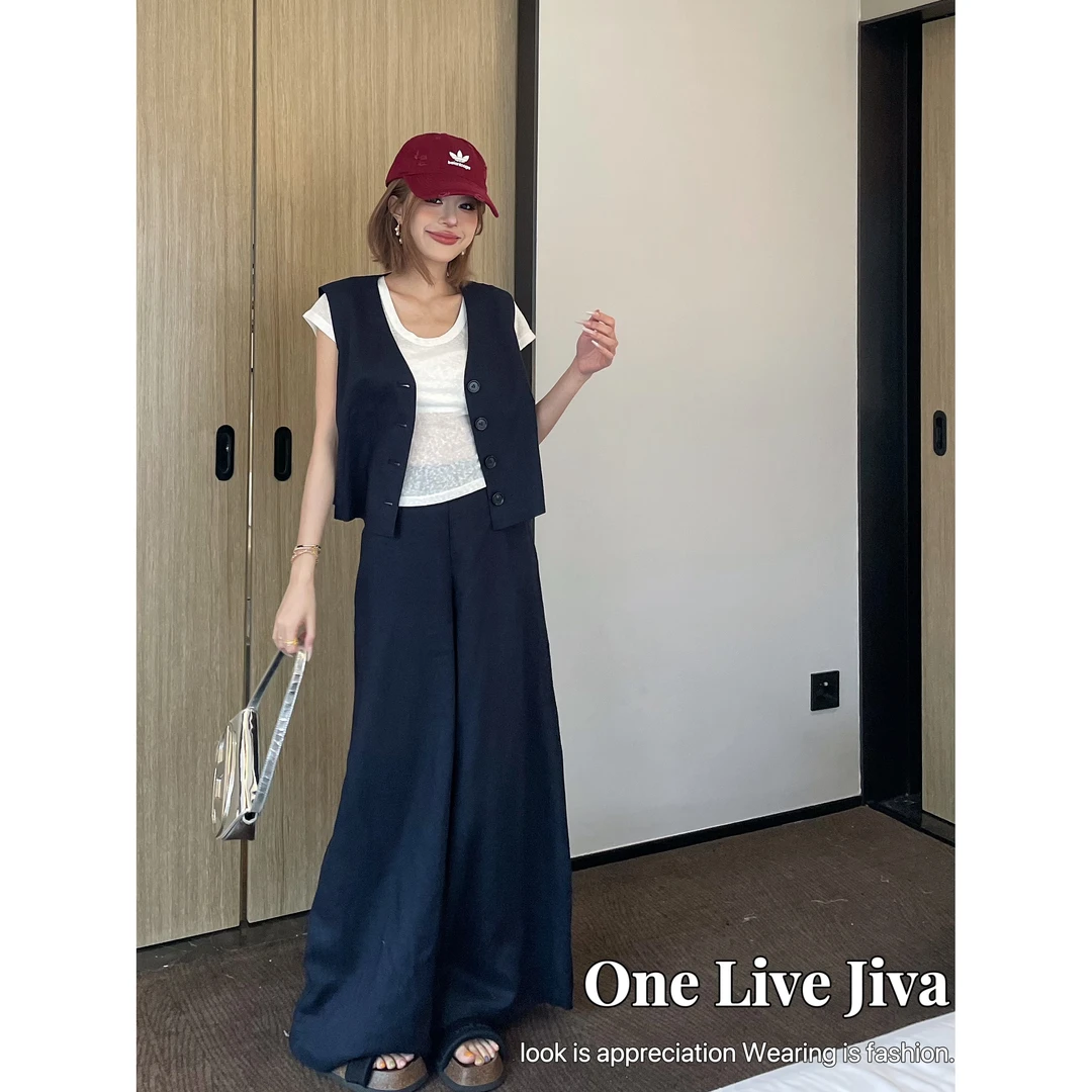 KIKI严选：85203-JIVA家欧货南油夏季马甲阔腿裤减龄小众两件套装