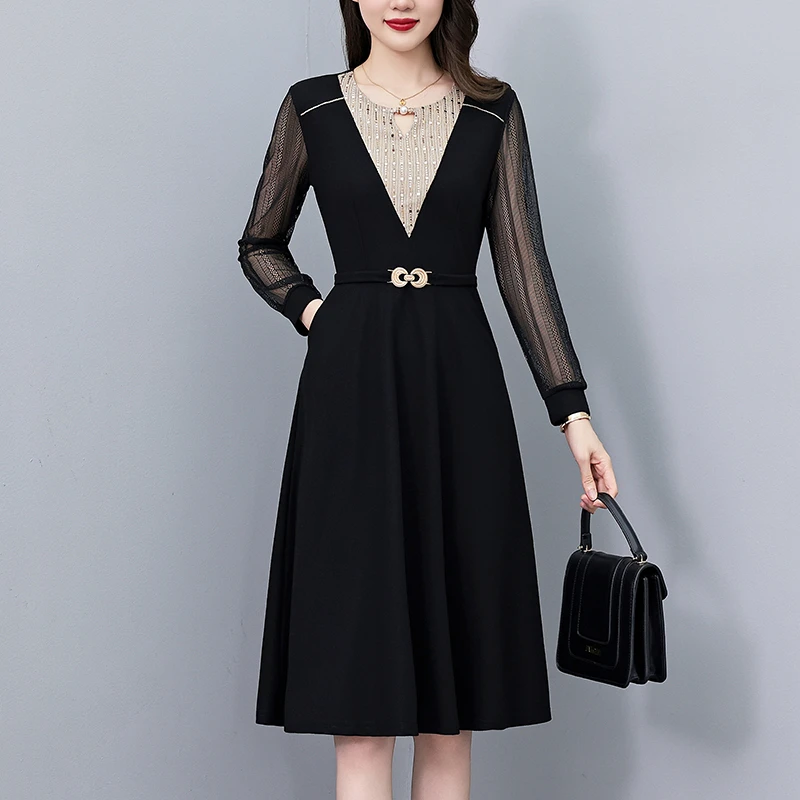 假两件套亮片修身中长款大码女装胖mm胖妹妹时尚洋气长袖连衣裙春