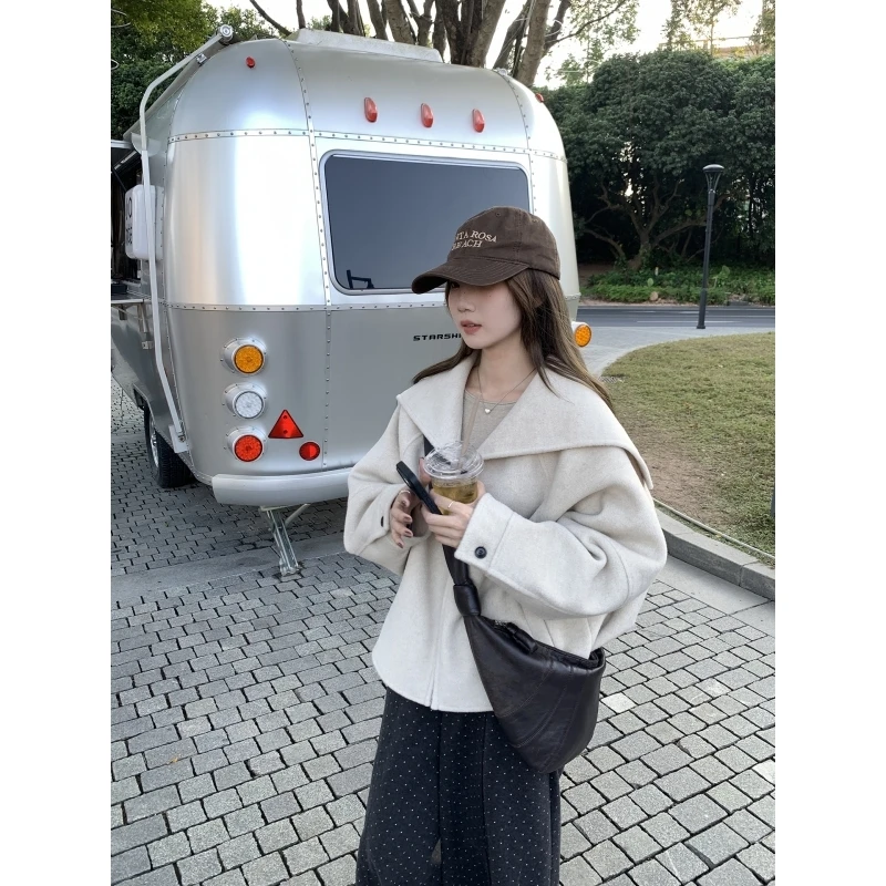 乌77冬季通勤百搭大翻领双面呢子大衣女韩系休闲宽松减龄短款外套