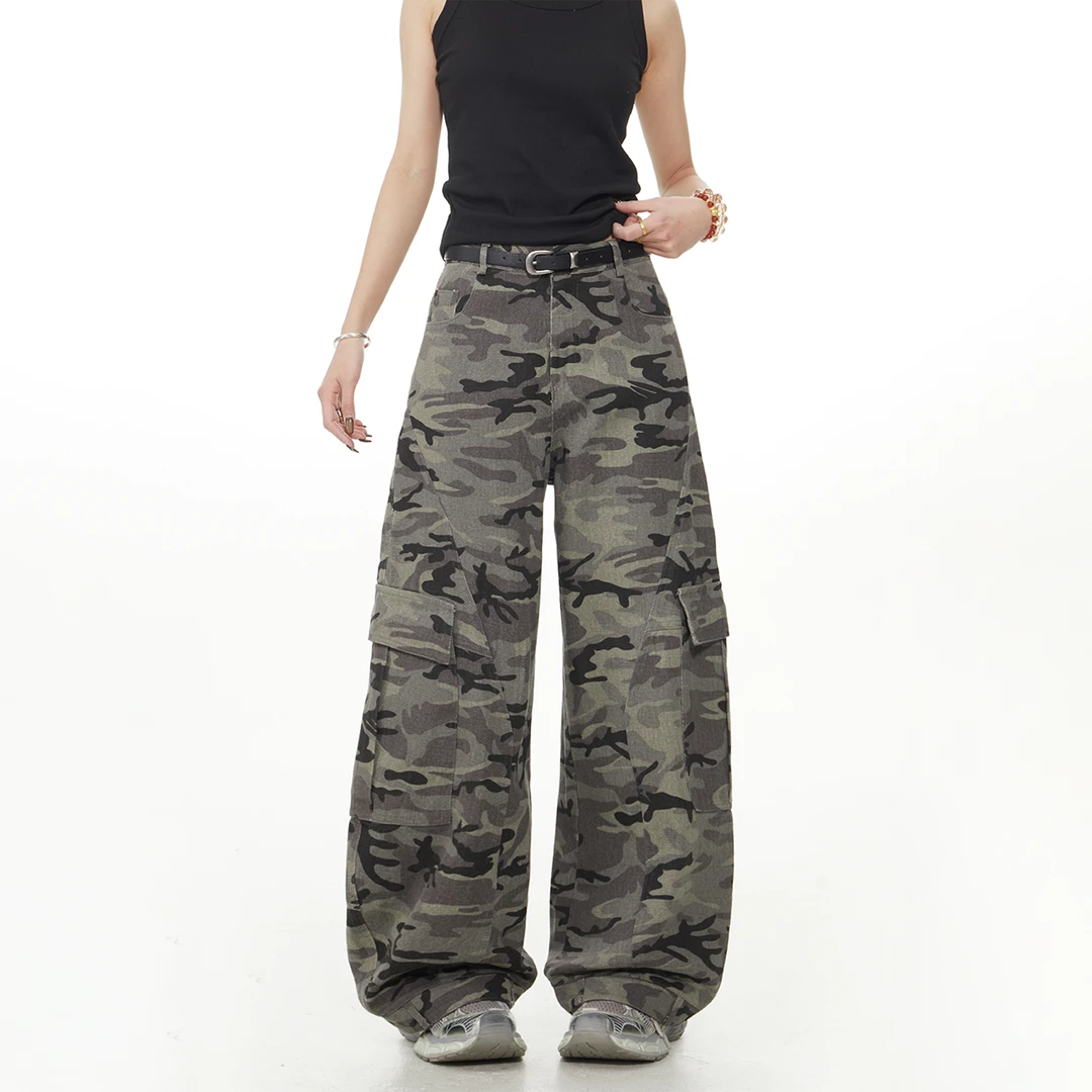 出前一町四季款美式复古宽松阔腿迷彩裤男女同款街头休闲弯刀裤
