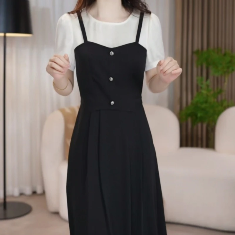 2025夏季新款时尚优雅气质黑色法式显瘦收腰减龄休闲假两件连衣裙