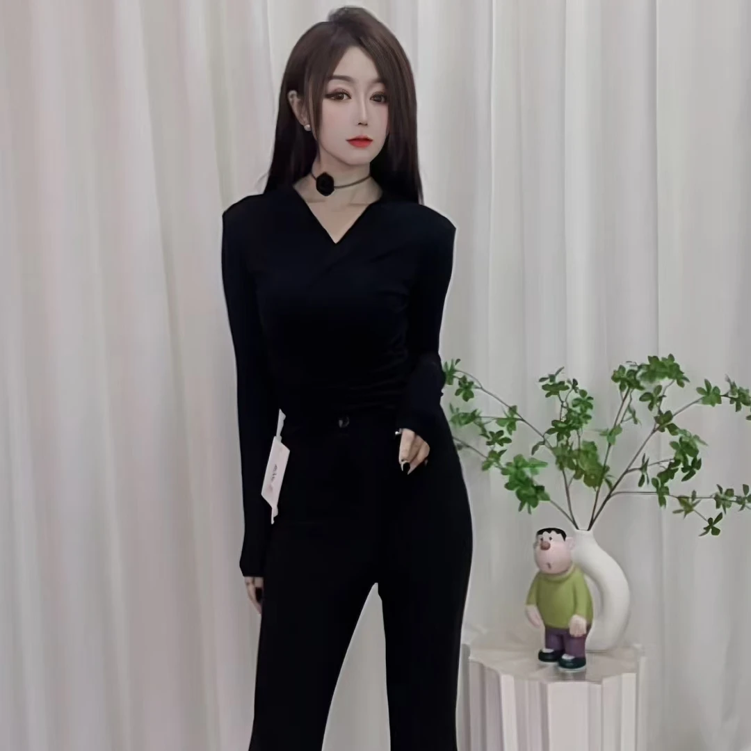 【杨子专属】春秋冬高级感内搭洋气黑色长袖T恤德绒加厚显瘦V领上衣