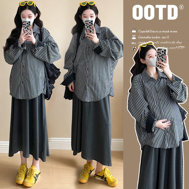 孕妇装慵懒风孕妇条纹衬衣韩版宽松显瘦托腹半裙百搭春秋套装