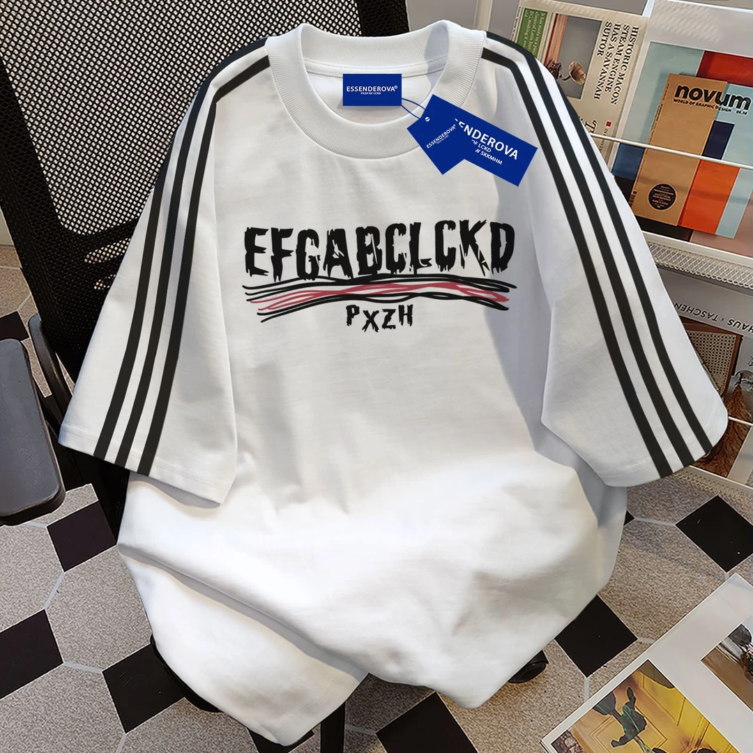 100%纯棉2025小众简约字母三条杠短袖t恤女夏季休闲ins情侣上衣潮