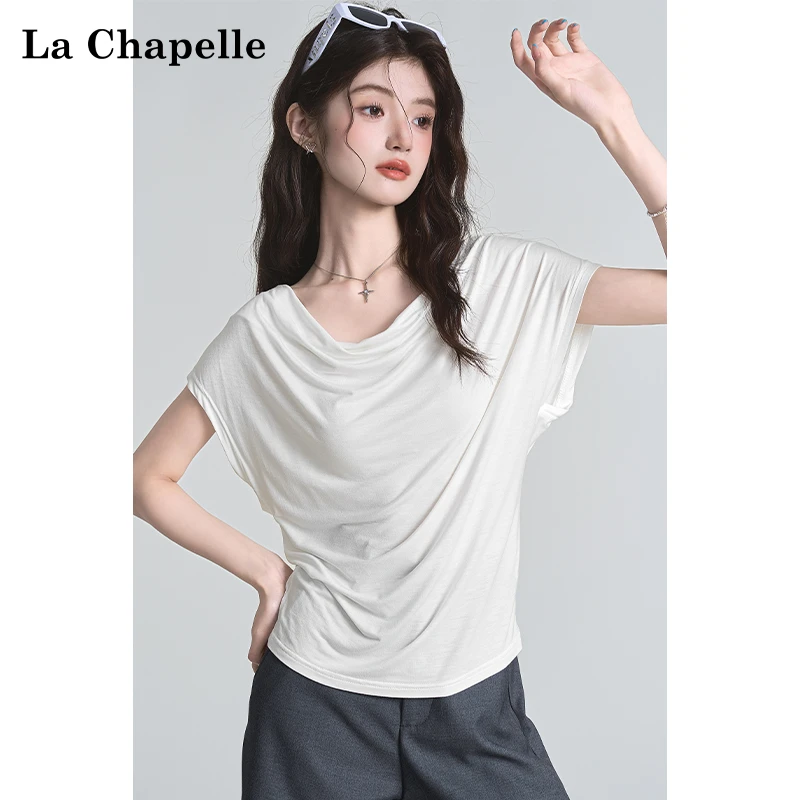 拉夏贝尔纯欲风荡领露背短款上衣女春夏季法式一字肩修身短袖T恤