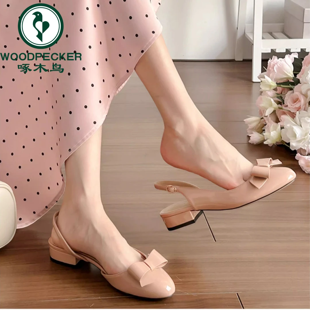啄木鸟法式温柔圆头单鞋一字扣带凉鞋女琮媛同款裸色蝴蝶结高跟鞋