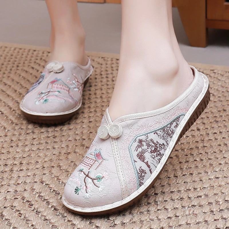 老北京布鞋女民族风绣花鞋国风刺绣拖鞋包头半拖鞋外穿软底妈妈鞋