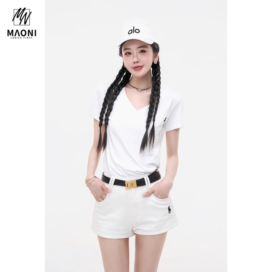 毛妮LADIESFIRST【曲线助攻】刺绣V领短袖T恤夏季基础款上衣L1922